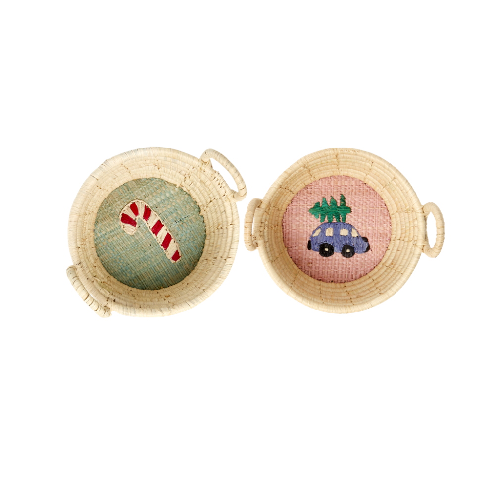 Mini Round Raffia Basket Christmas Embroidery Rice DK